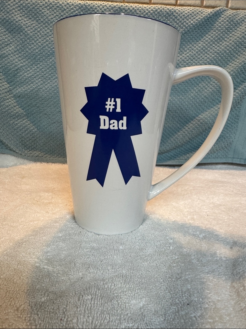 #1 Dad Tall White Ceramic Mug with Blue Ribbon Graphic